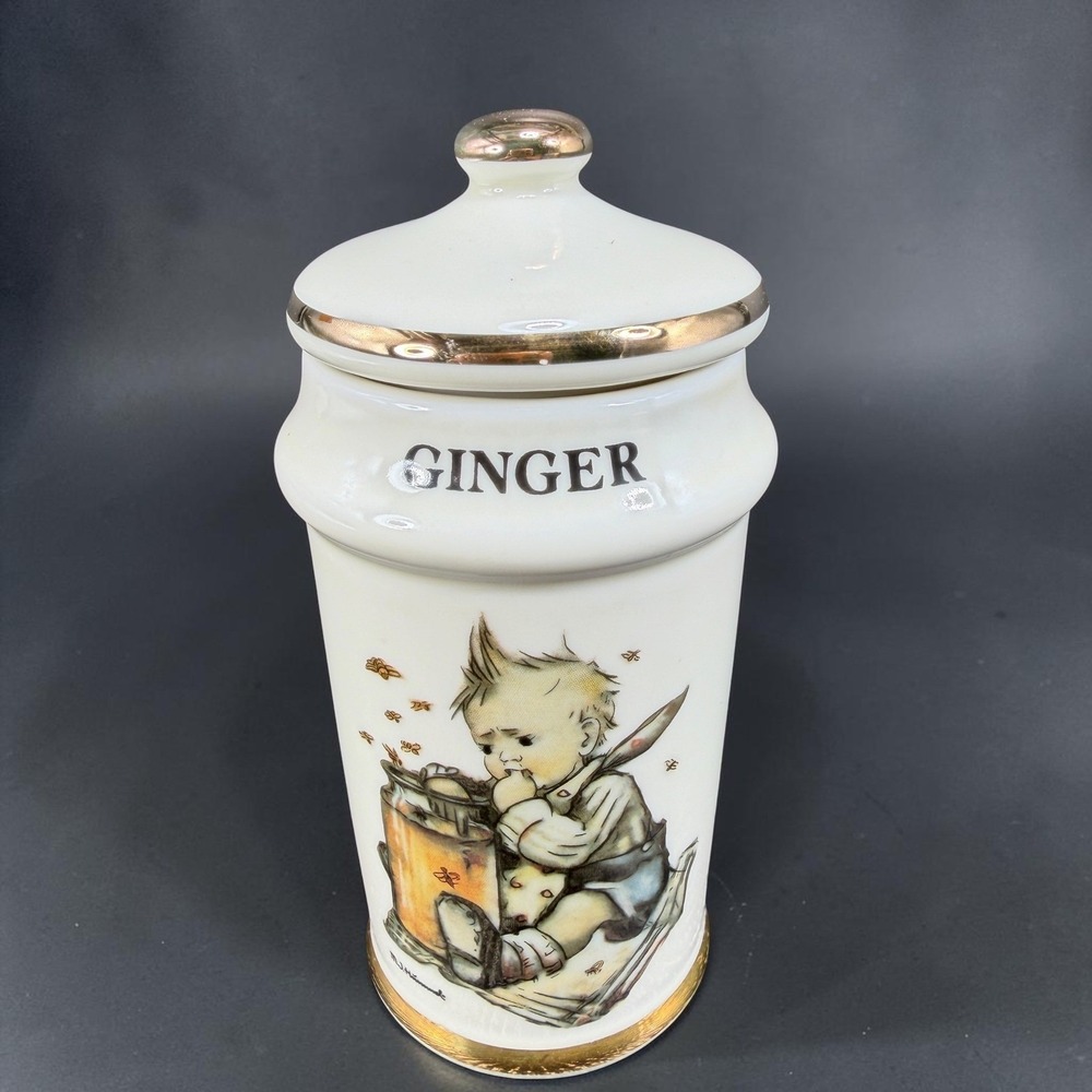 Vintage 1987 M.J. Hummel Ginger Spice Jar Danbury Mint Gold Trim Porcelain Lid‎